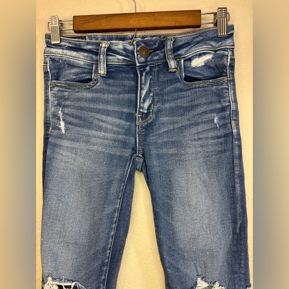 American Eagle Outfitters Distressed Ripped Blue Skinny Jeans Size 0 - Picture 3 of 11